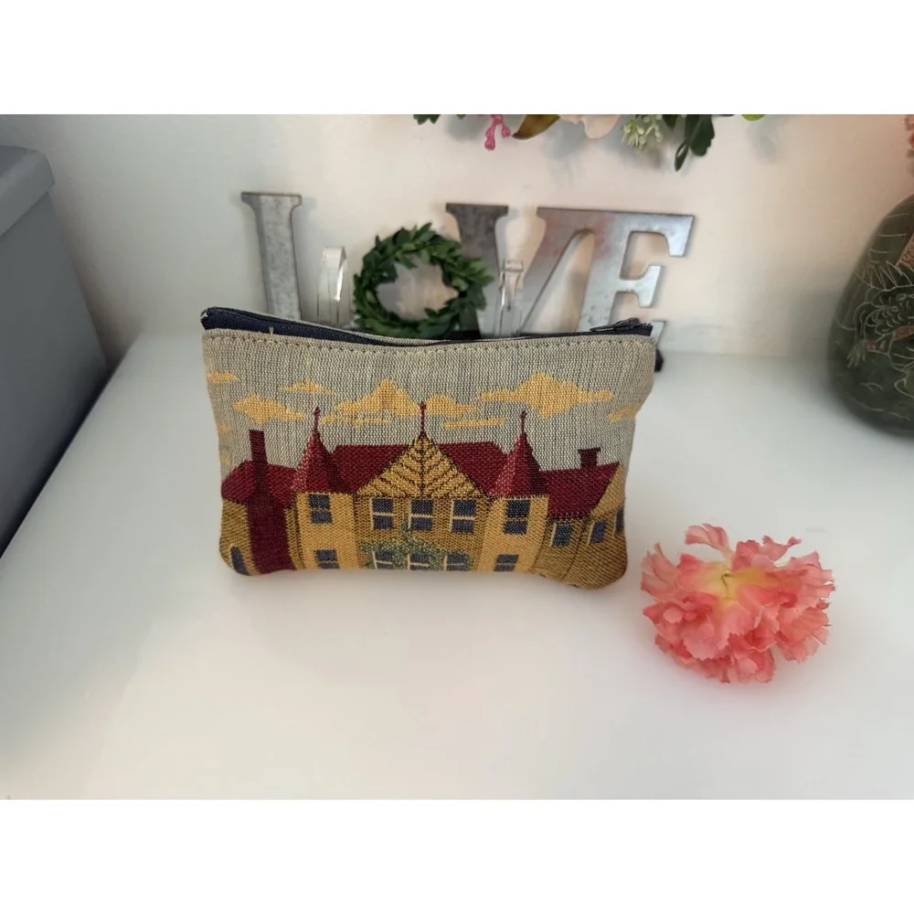 Vintage Tapestry Row Houses‎ Embroidered Style Zippered Bag Makeup Pouch 7